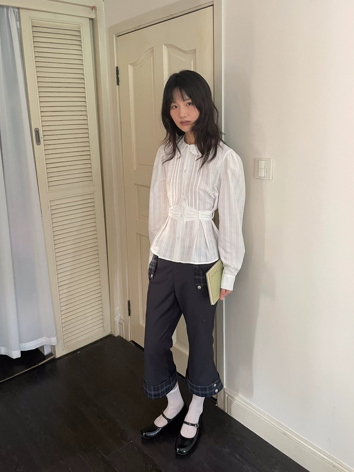 チェックカフ クロップドストレートパンツ styling 13