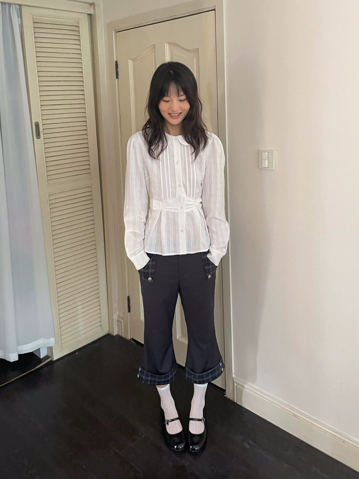 チェックカフ クロップドストレートパンツ styling 14