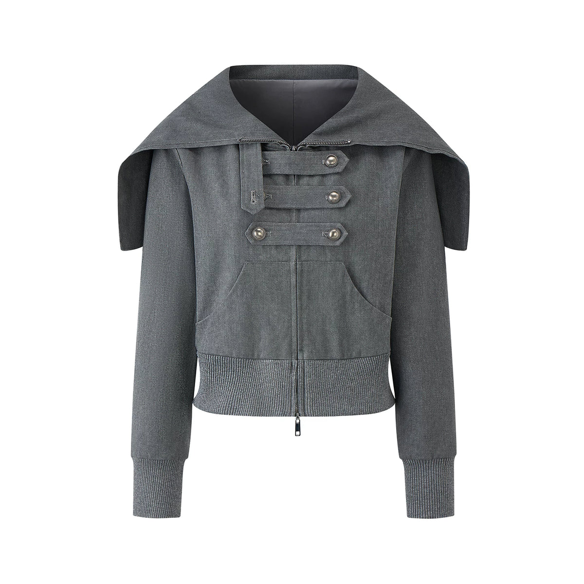 メタルバックル ダブルブレストフーデッドジャケット IRON GREY front