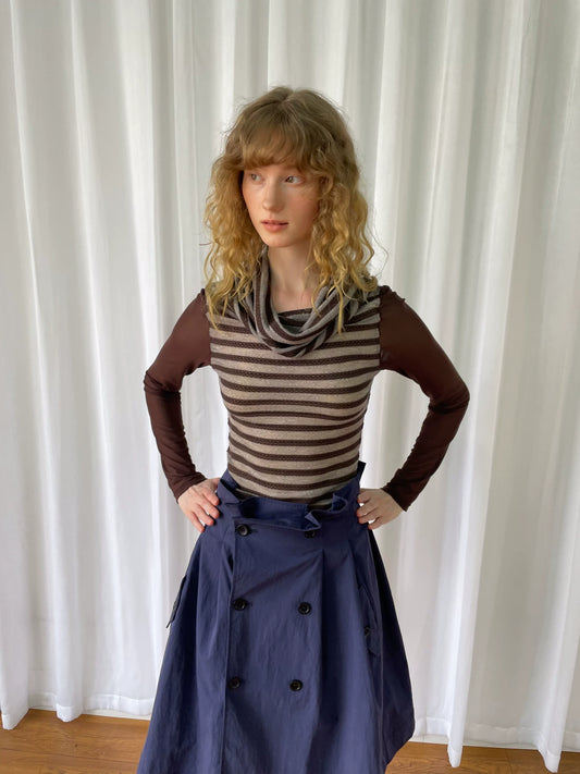 カウルネック レイヤードストライプトップス BROWN front