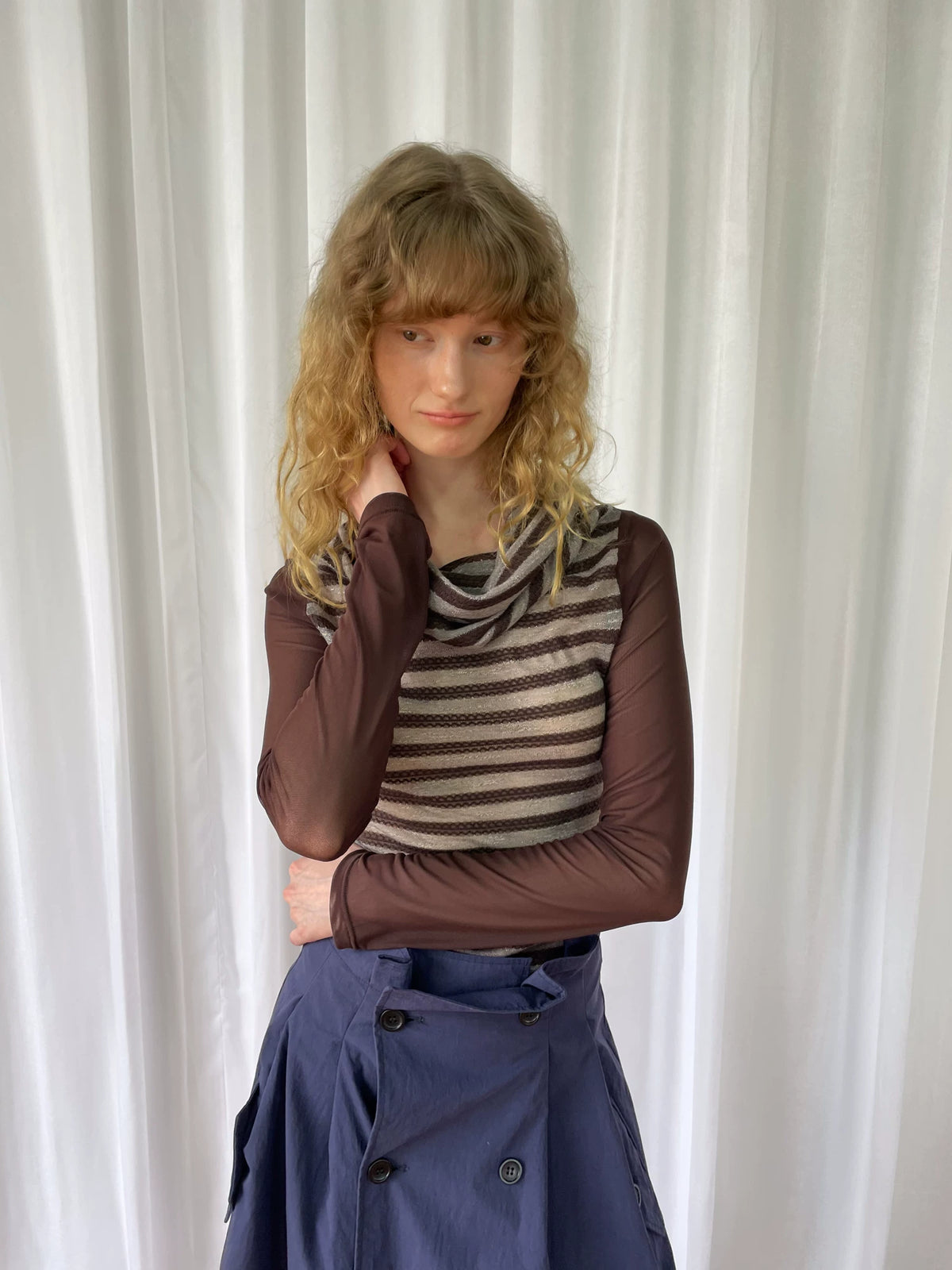 カウルネック レイヤードストライプトップス styling 6