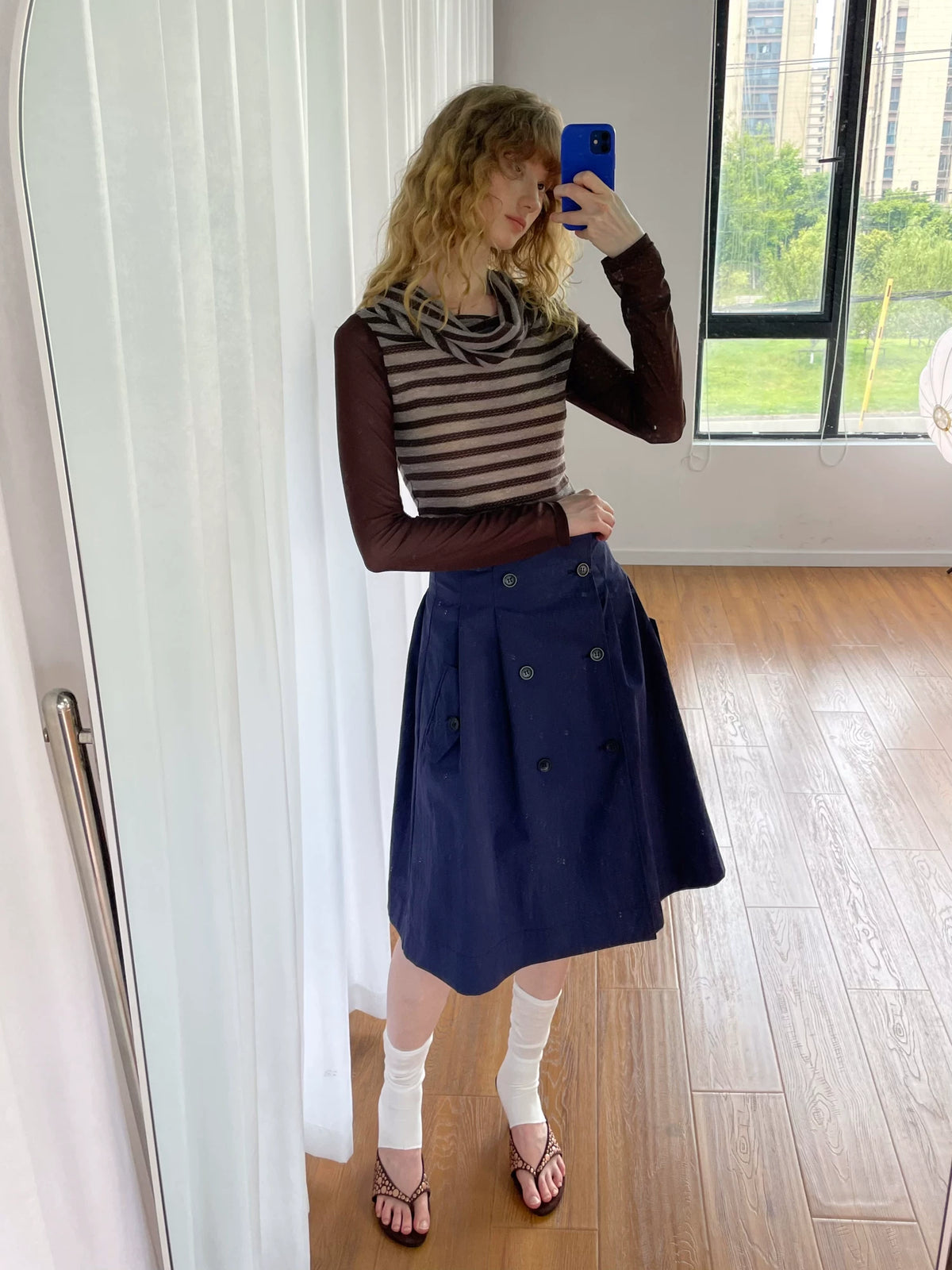 カウルネック レイヤードストライプトップス styling 9