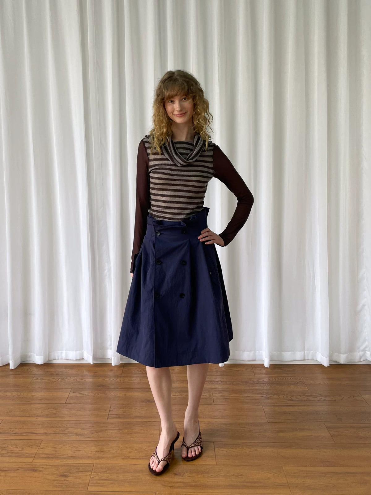 カウルネック レイヤードストライプトップス styling 10
