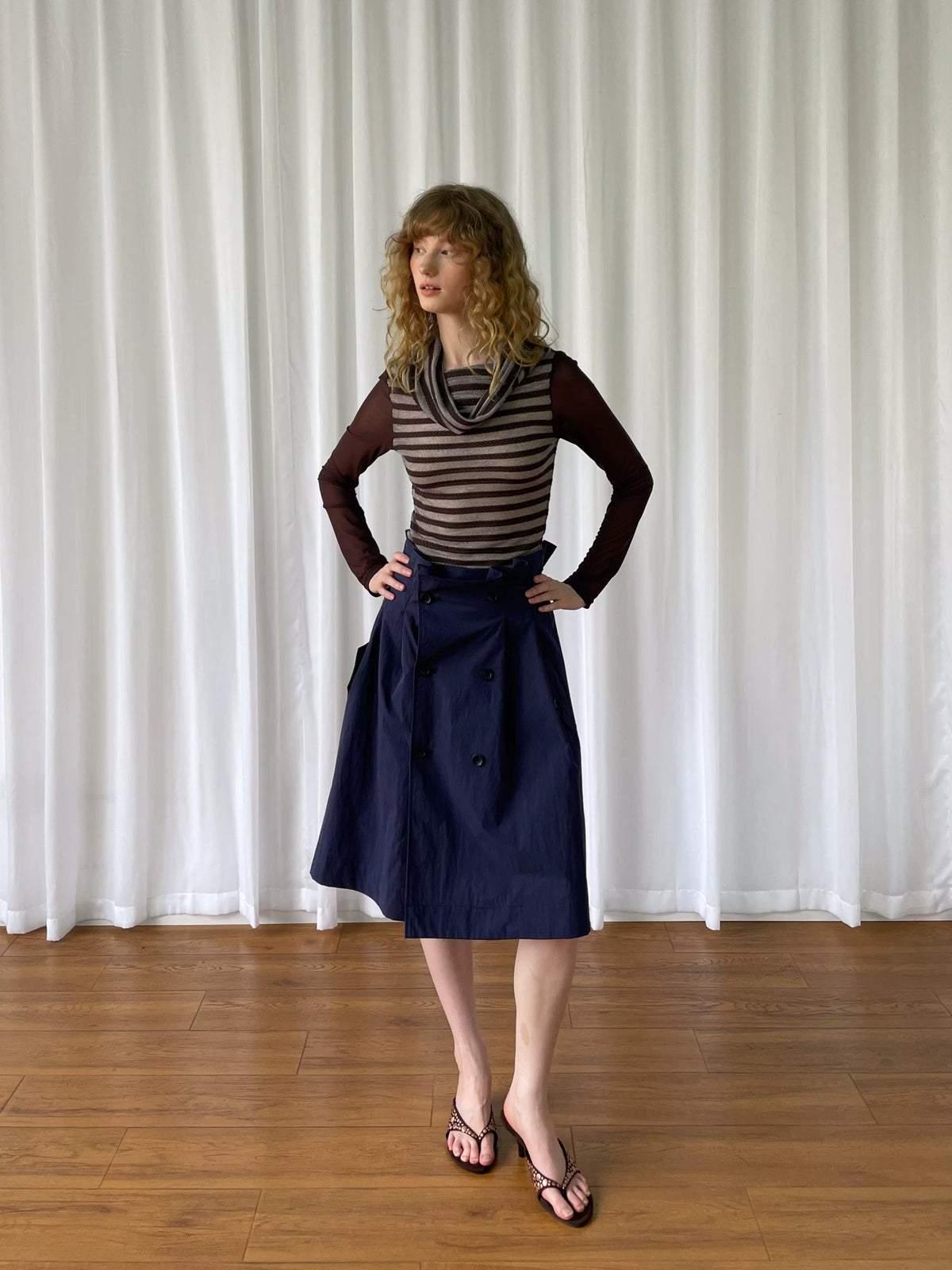 カウルネック レイヤードストライプトップス styling 11