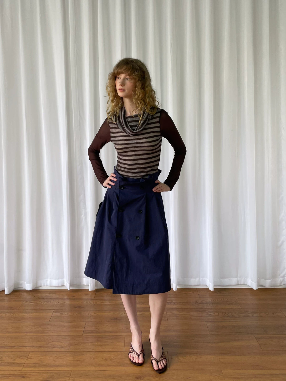 カウルネック レイヤードストライプトップス styling 12