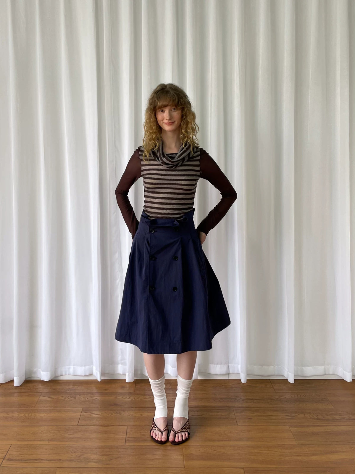 カウルネック レイヤードストライプトップス styling 13