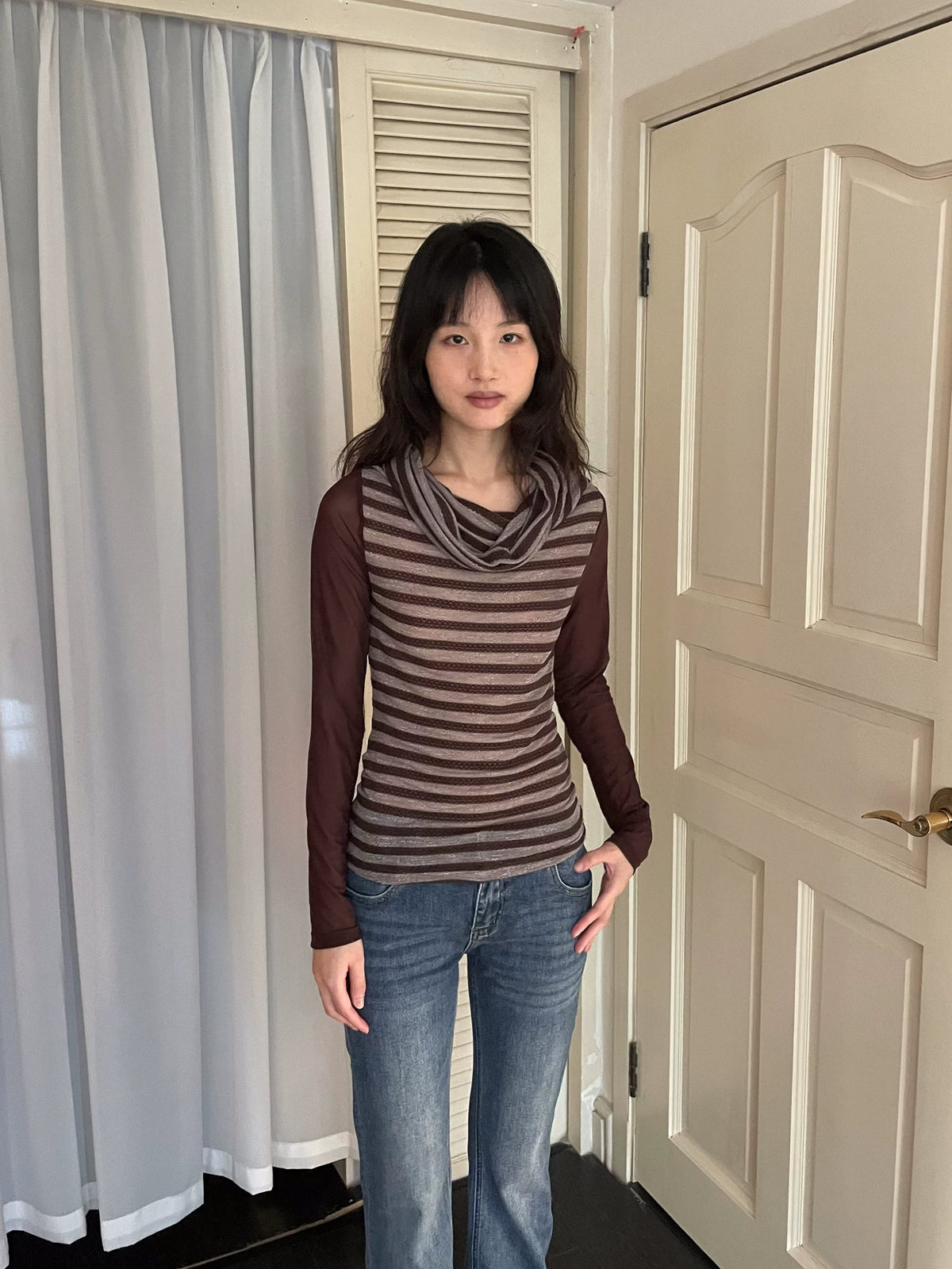 カウルネック レイヤードストライプトップス styling 14