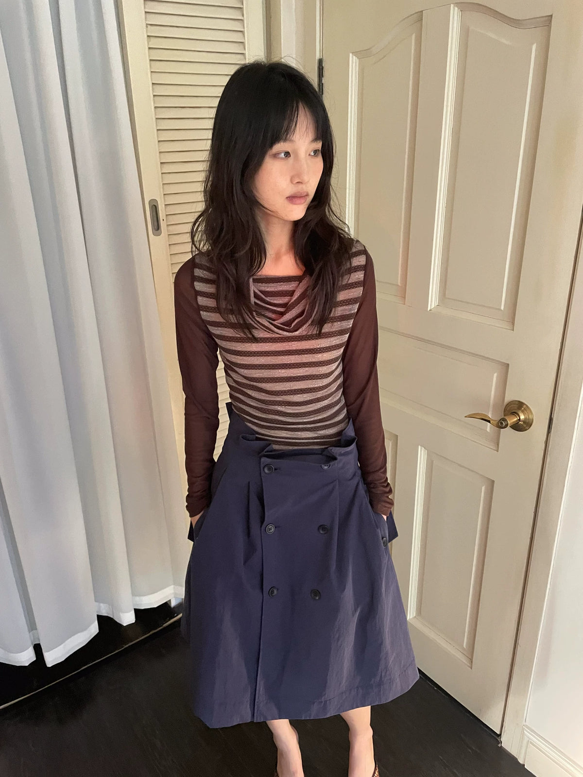 カウルネック レイヤードストライプトップス styling 16