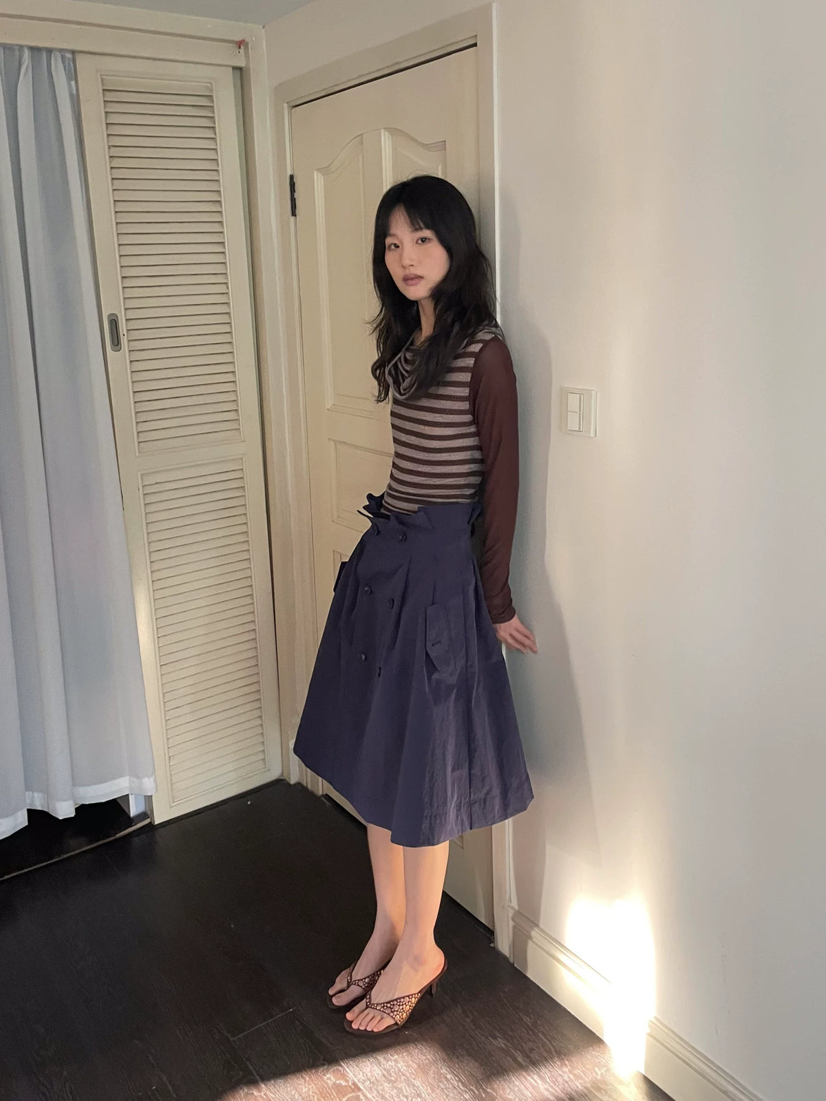 カウルネック レイヤードストライプトップス styling 17