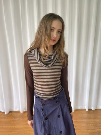 カウルネック レイヤードストライプトップス styling 21