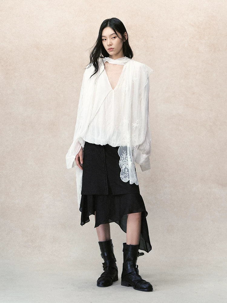 アシンメトリーレイヤード プリーツシャツ WHITE front