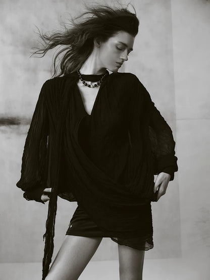 アシンメトリーレイヤード プリーツシャツ BLACK front