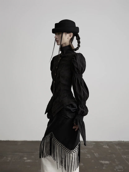 フリンジハイネック パフスリーブブラウス BLACK 1