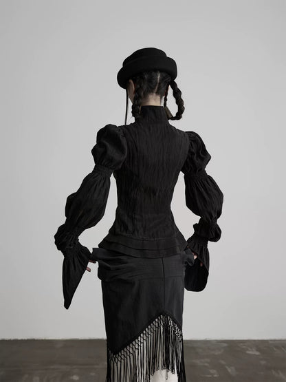 フリンジハイネック パフスリーブブラウス BLACK 2
