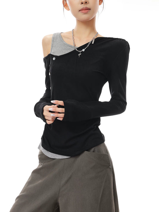 アシンメトリー レイヤードショルダートップス BLACK 1