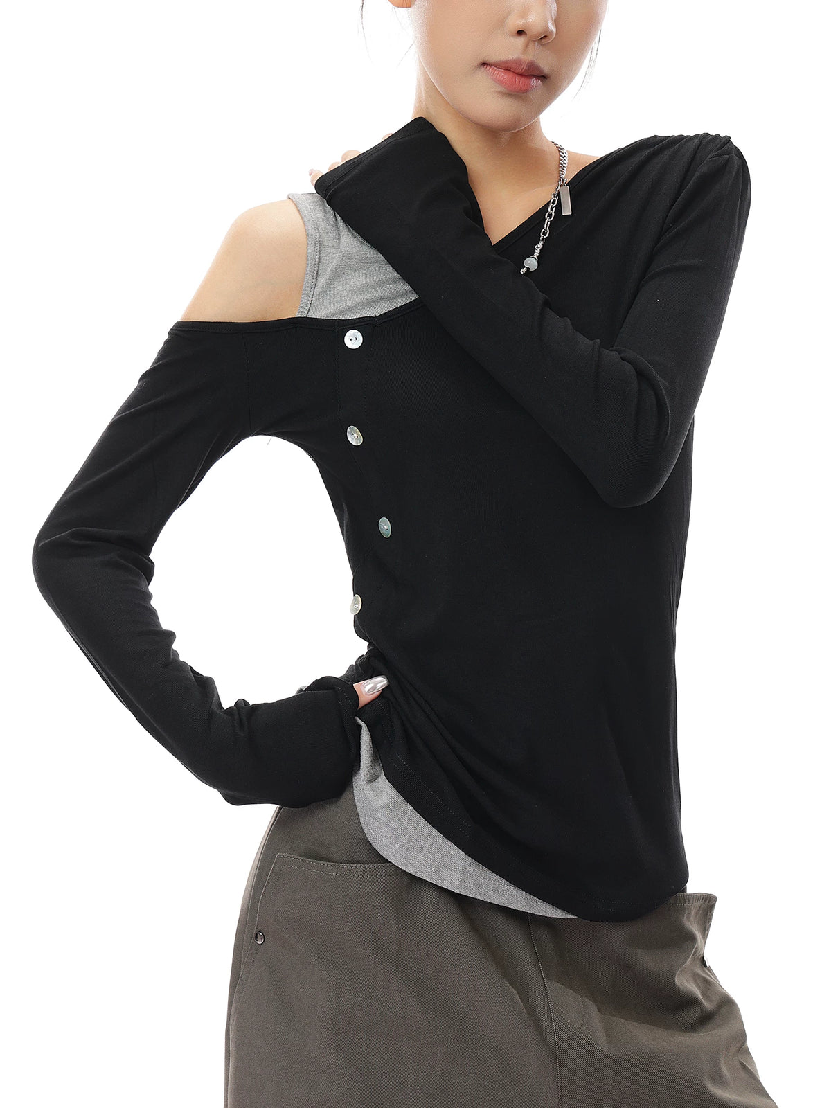 アシンメトリー レイヤードショルダートップス BLACK 2