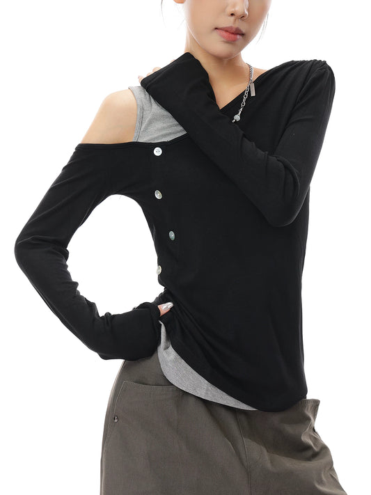 アシンメトリー レイヤードショルダートップス BLACK 2