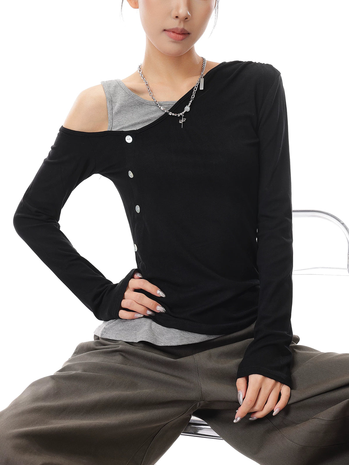 アシンメトリー レイヤードショルダートップス BLACK 3