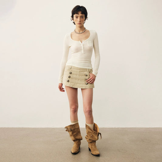 Uネックヘンリー スリムロングスリーブトップス IVORY front