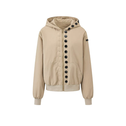 マルチボタン フーデッドパデッドジャケット KHAKI front