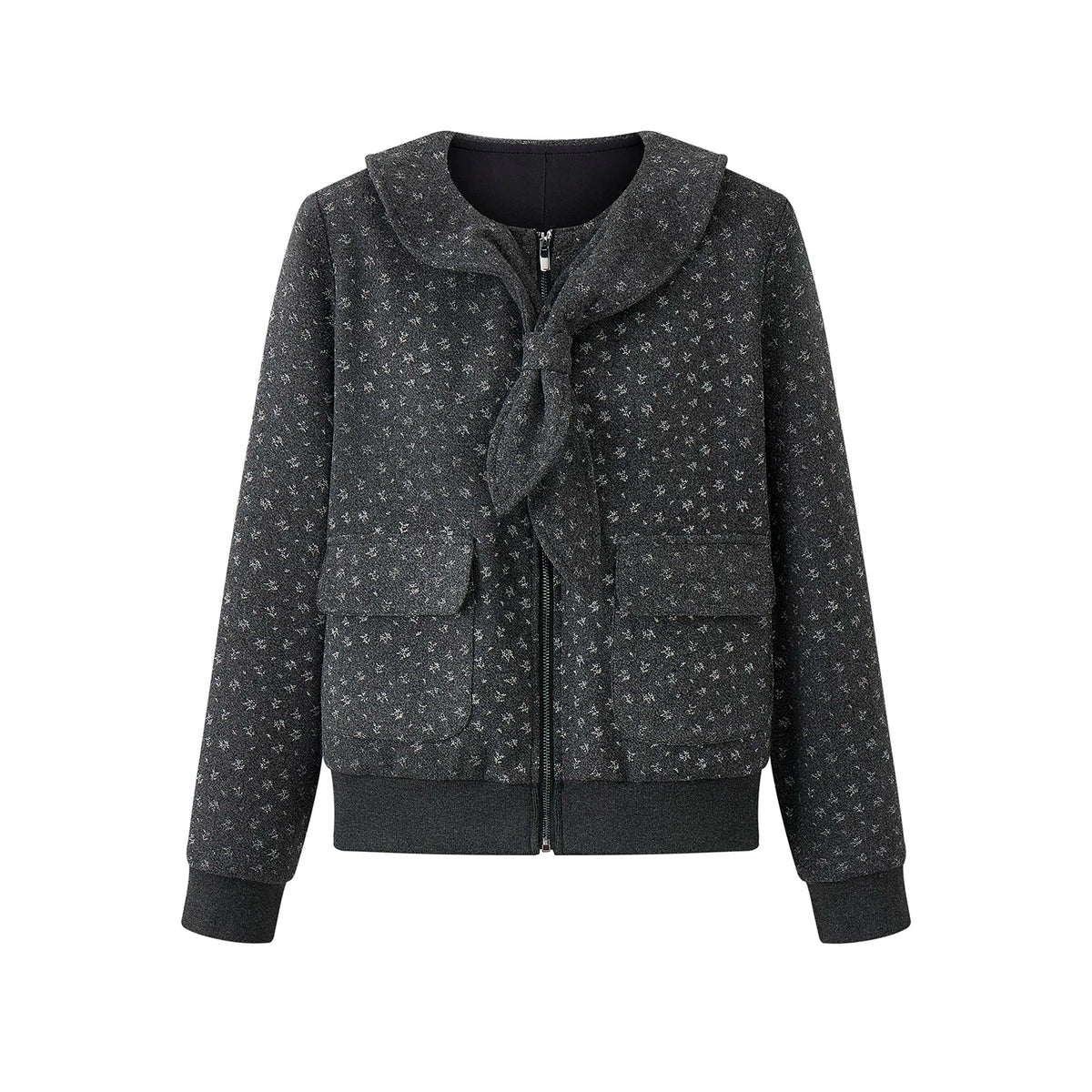 フラワープリント リボンショートウールジャケット LIGHT GREY front