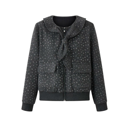 フラワープリント リボンショートウールジャケット LIGHT GREY front