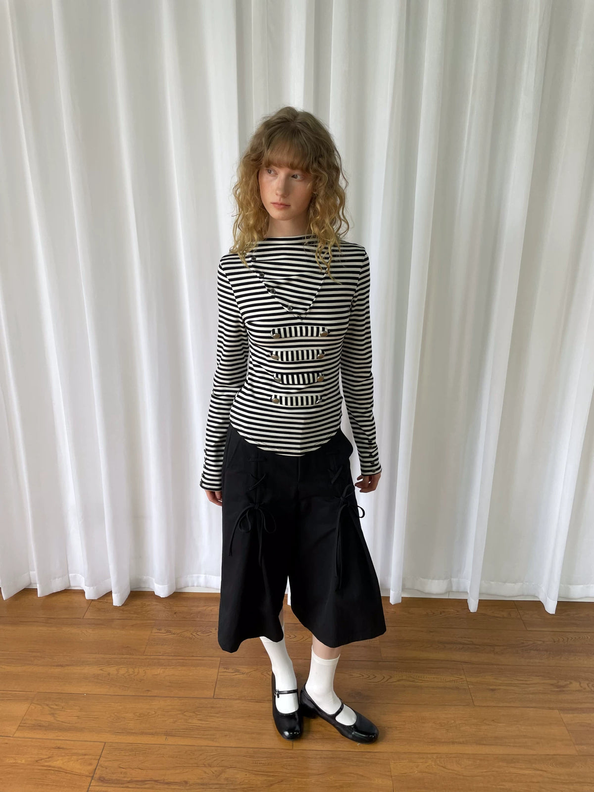 メタルバックル ストライプニットフーディー styling 11