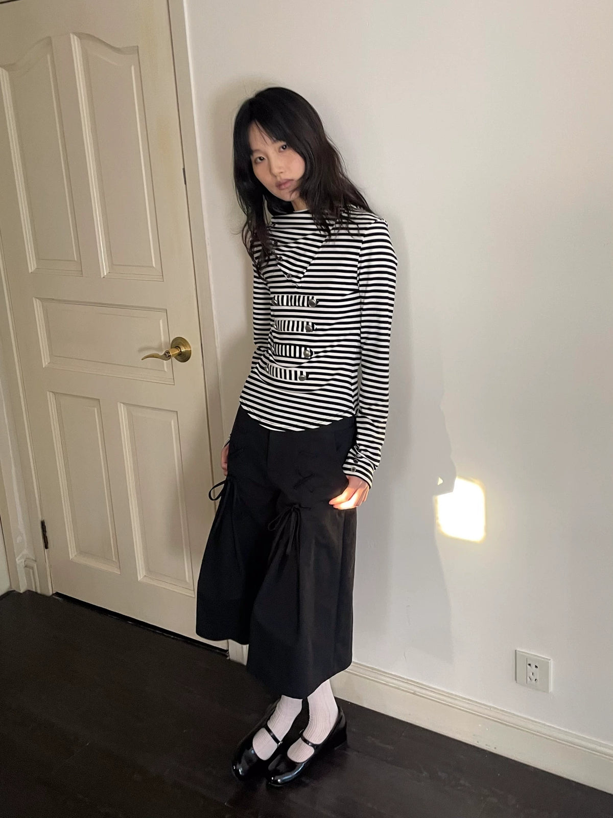 メタルバックル ストライプニットフーディー styling 16