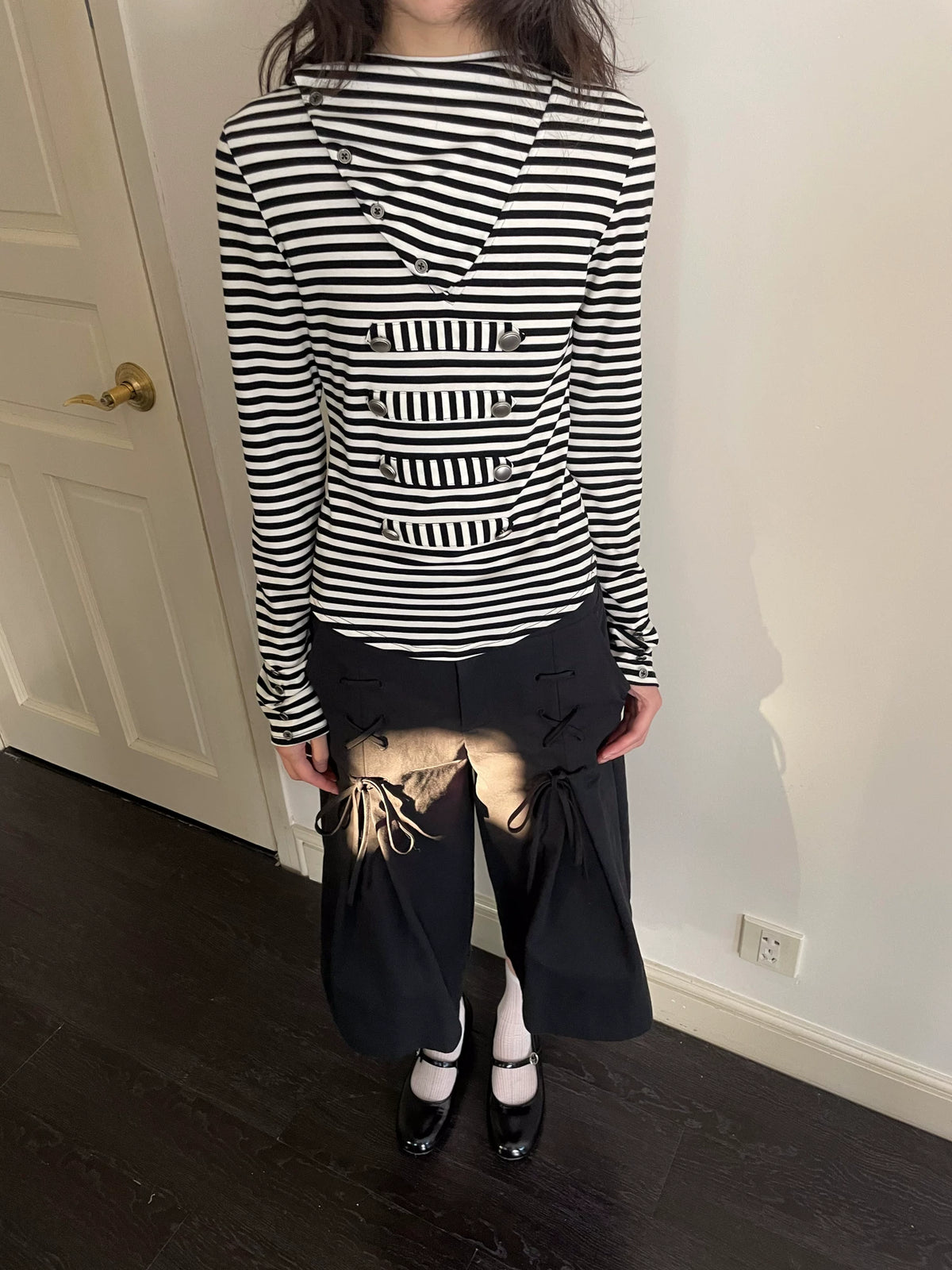 メタルバックル ストライプニットフーディー styling 18