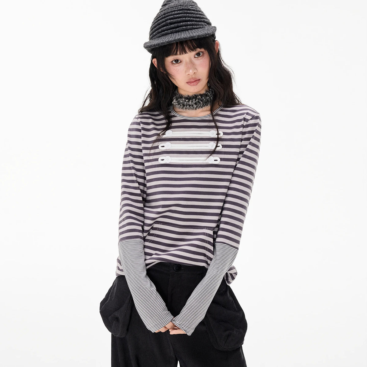 ナポレオンストライプ コントラストロングスリーブTシャツ GREY front