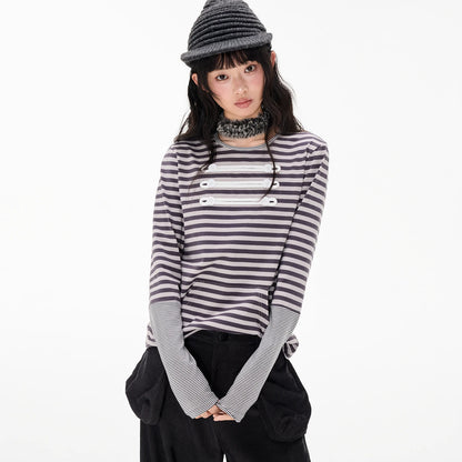 ナポレオンストライプ コントラストロングスリーブTシャツ GREY front