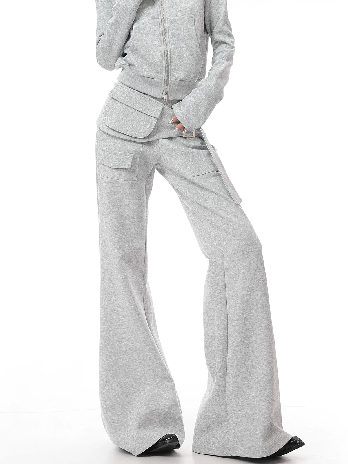 フラップポケット ハイウエストフレアスウェットパンツ LIGHT GREY 1