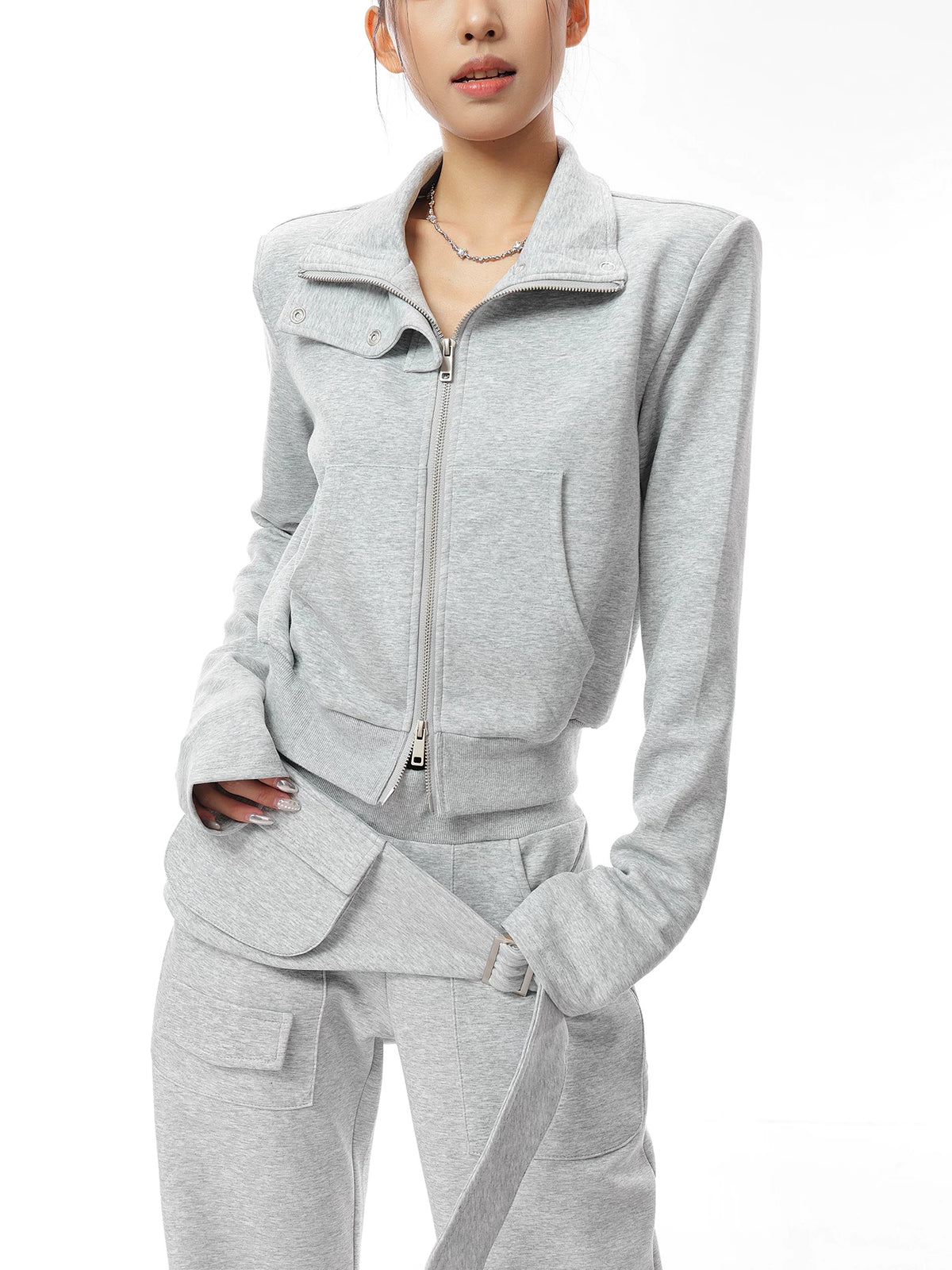 スタンドカラー クロップドジップジャケット LIGHT GREY 3