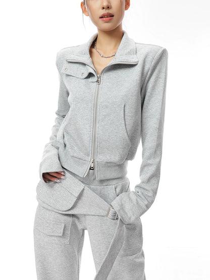 スタンドカラー クロップドジップジャケット LIGHT GREY 3