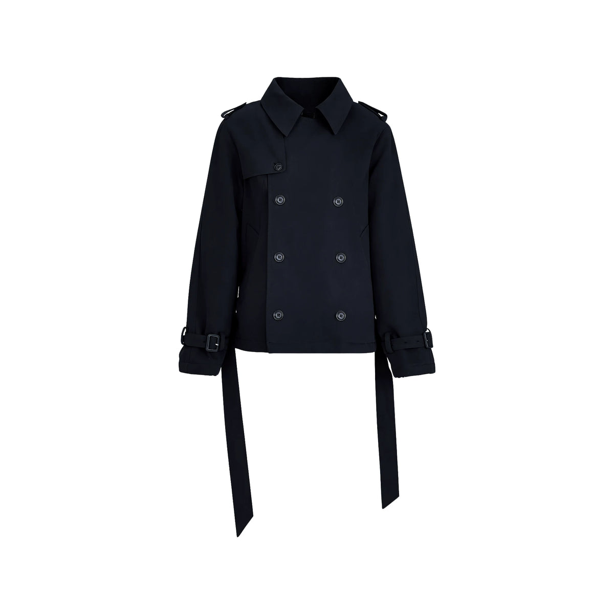 ダブルブレスト ベルテッドショートコート BLACK front