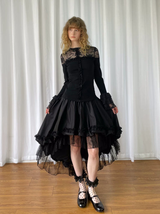 レースレイヤード アシンメトリースカート BLACK front