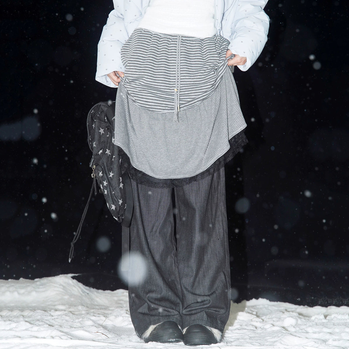 スカートレイヤード ストライプキュロットパンツ STRIPE front