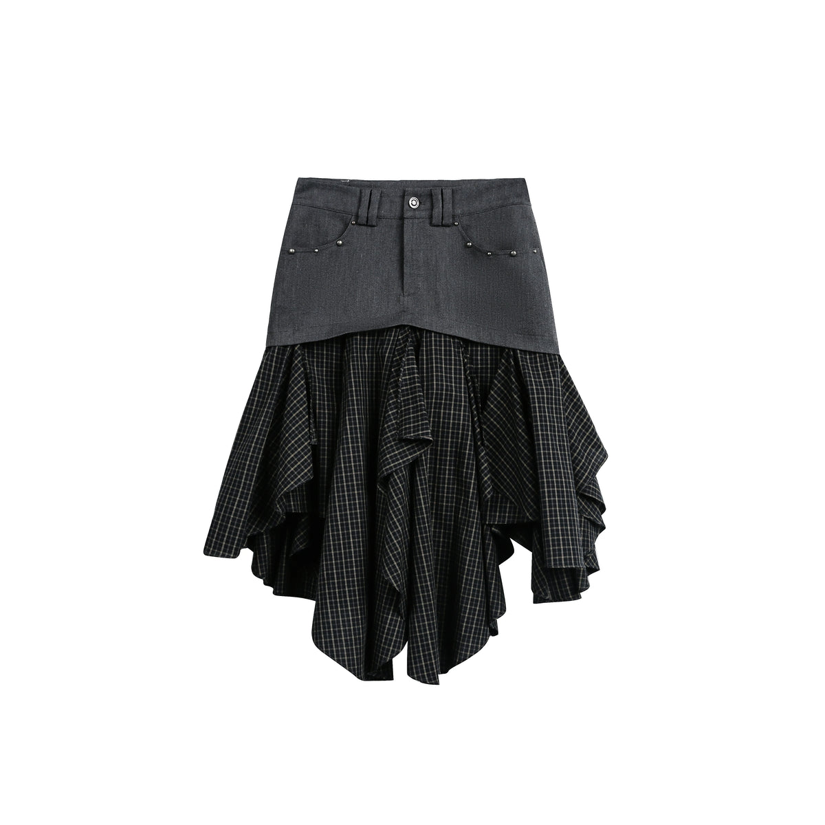 スタッズチェック ドレープレイヤードスカート GREY / BLACK CHECK front
