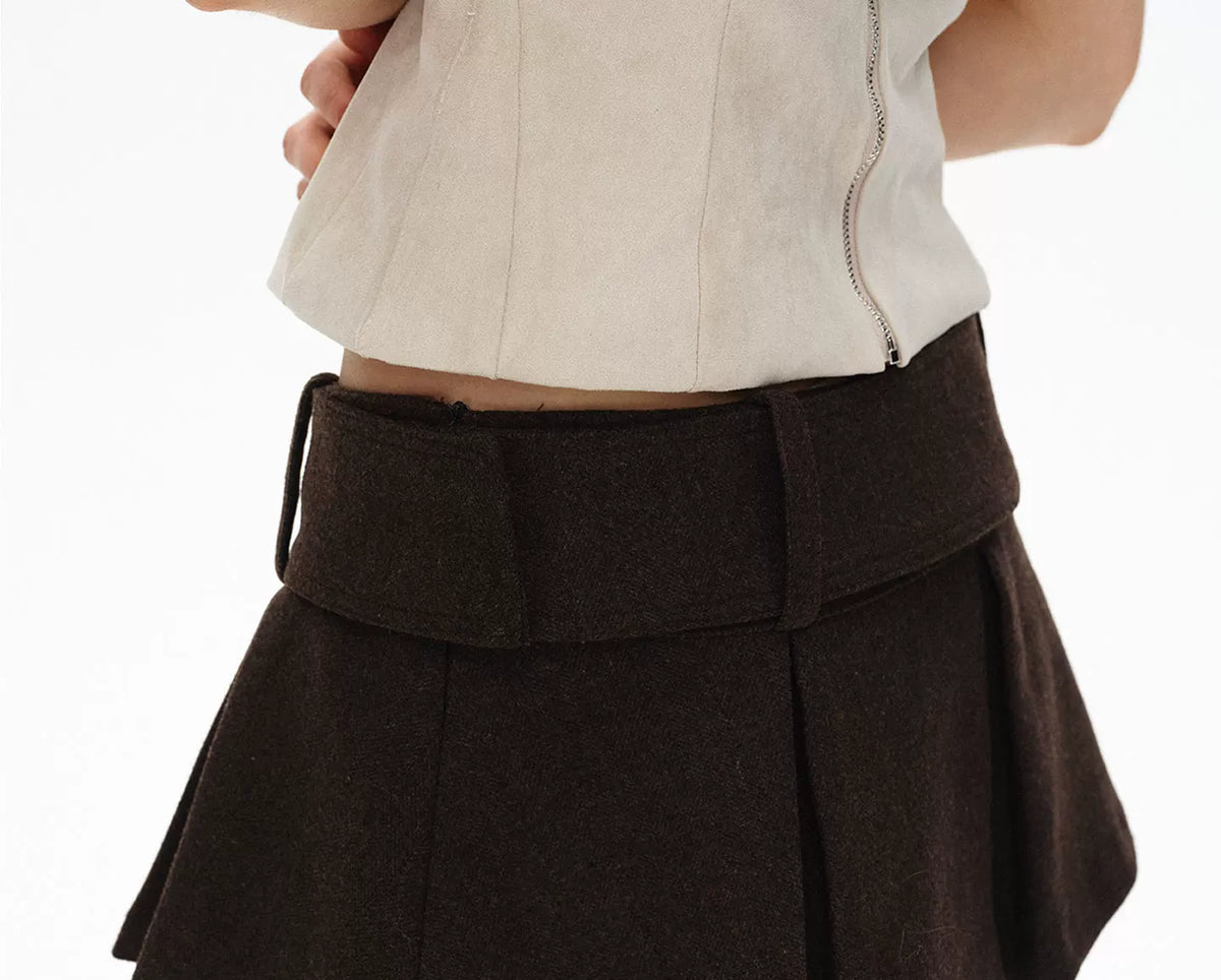 ローライズ ウールプリーツミニスカート DARK BROWN detail 8