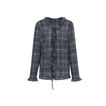 チェックレース ロングスリーブブラウス NAVY front