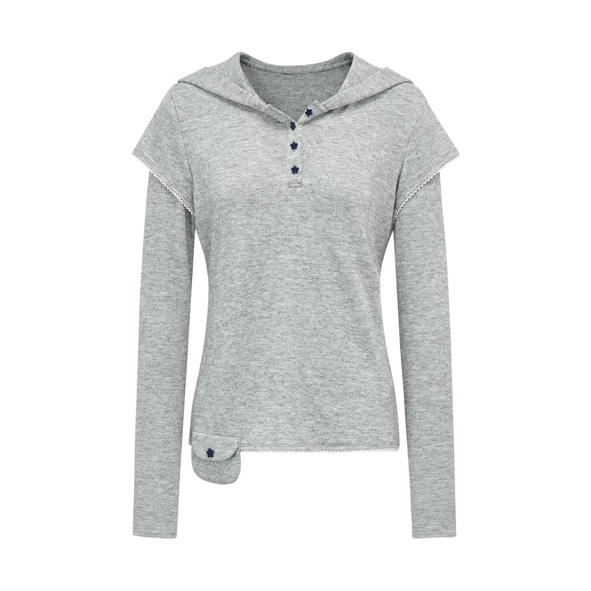 スターボタン レイヤードフーデッドTシャツ LIGHT GREY front