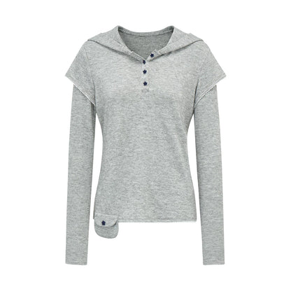 スターボタン レイヤードフーデッドTシャツ LIGHT GREY front