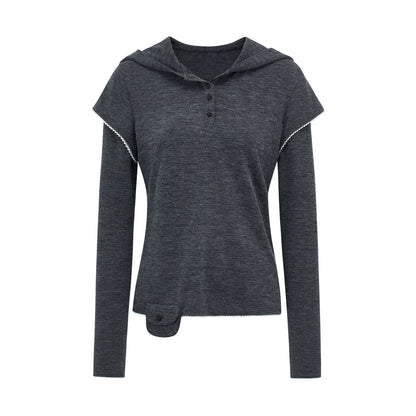スターボタン レイヤードフーデッドTシャツ DARK GREY front