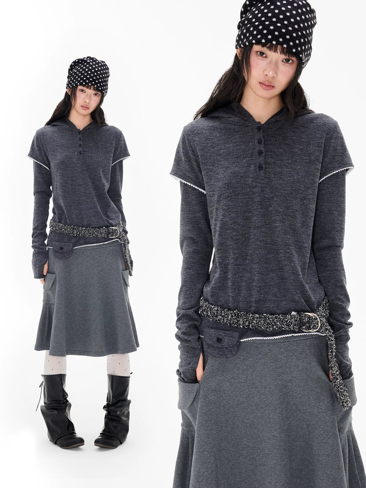 スターボタン レイヤードフーデッドTシャツ 着用イメージ 1