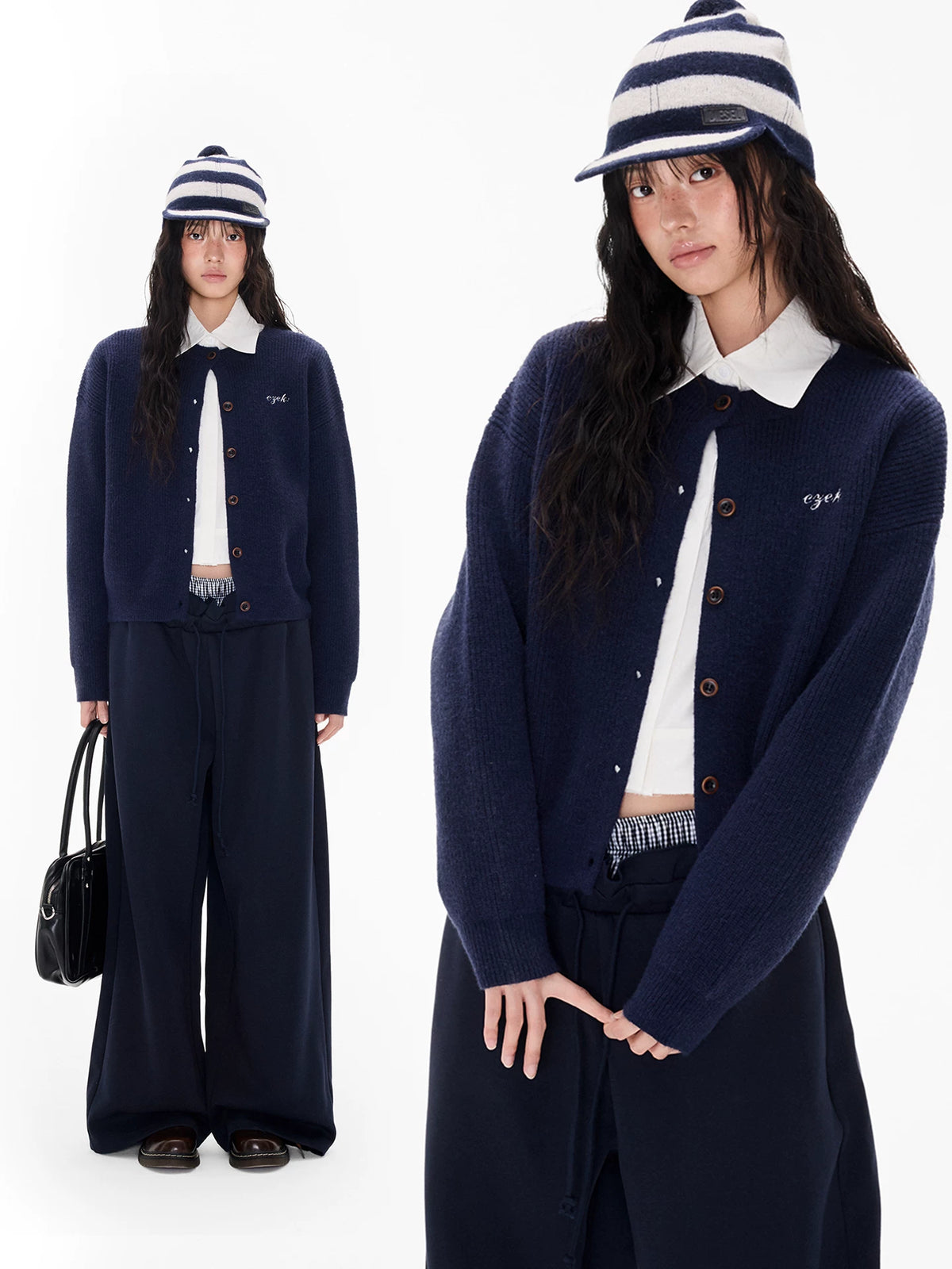 刺繍配色 クルーネックカーディガン NAVY front