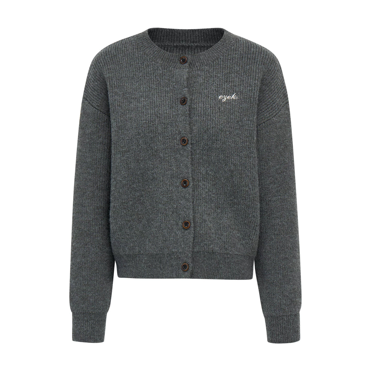 刺繍配色 クルーネックカーディガン CHARCOAL GREY front