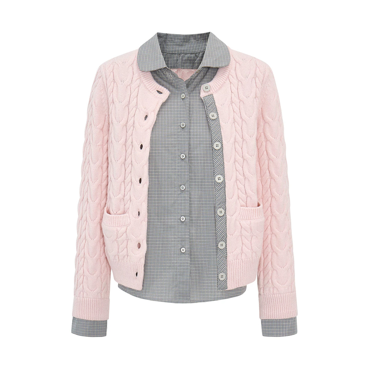 ケーブルチェック レイヤードカーディガン LIGHT PINK front