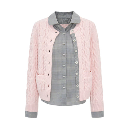 ケーブルチェック レイヤードカーディガン LIGHT PINK front