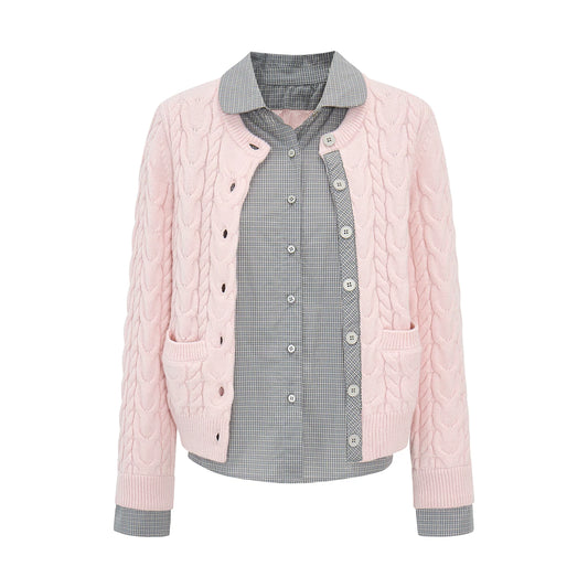 ケーブルチェック レイヤードカーディガン LIGHT PINK front