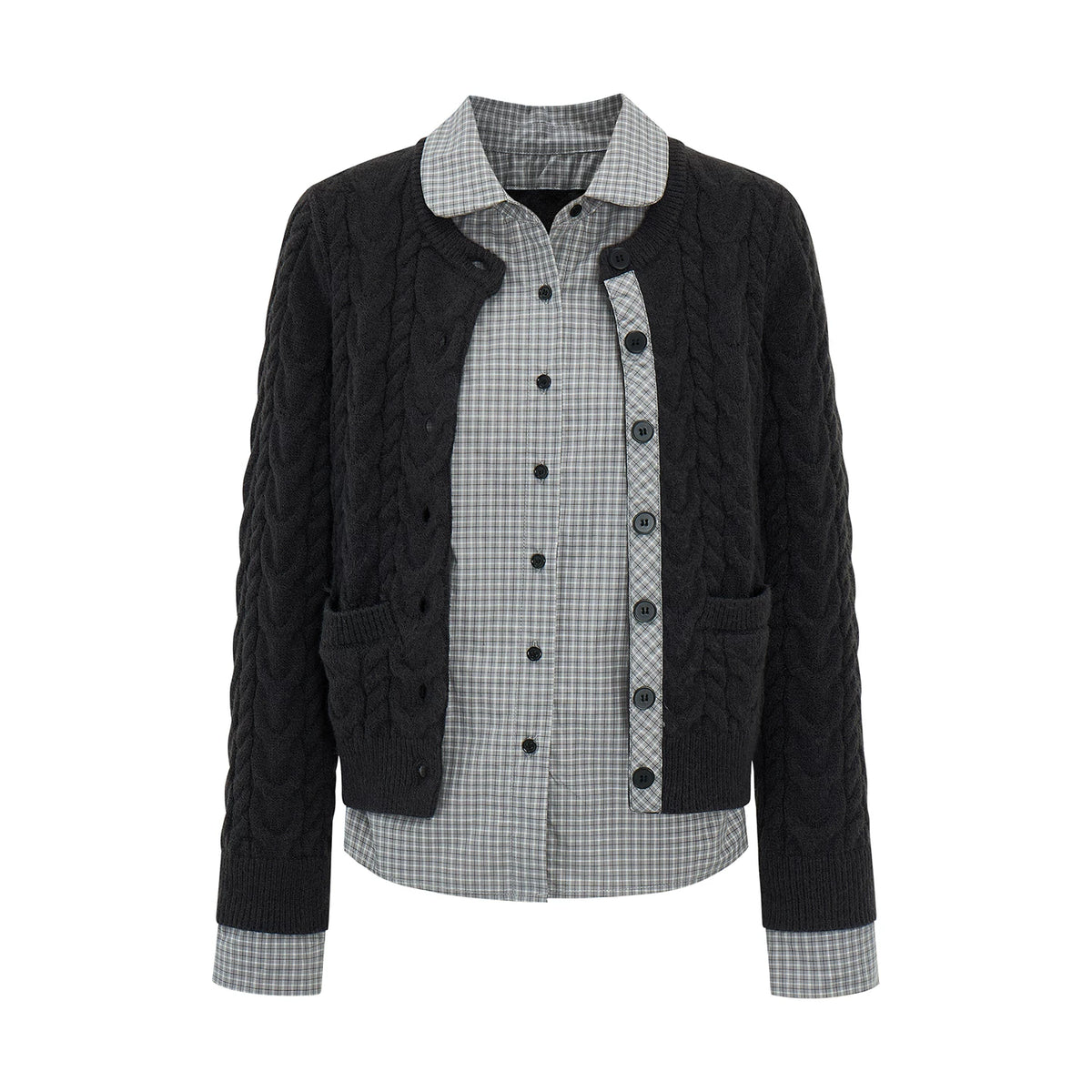 ケーブルチェック レイヤードカーディガン BLACK HEATHER GREY front